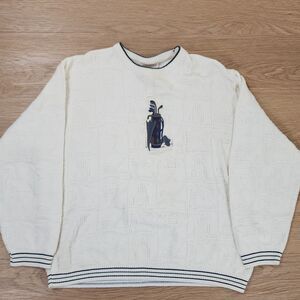 VTG Textured Cotton Golf Embroidered Sweater Adult L Ivory Chunky Knit Preppy